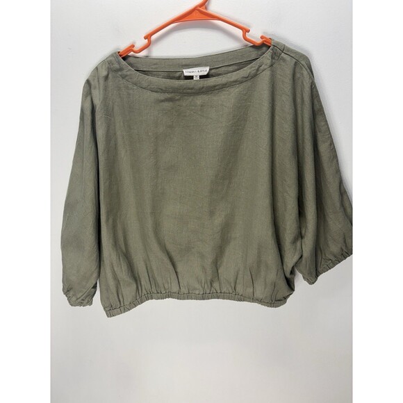 Kendal + Kylie Cropped Top Womens Linen Blend Green Balloon Lagenlook Boho Sz M - Picture 1 of 13